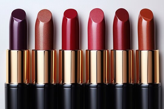 Collection of colorful lipsticks displayed in a row showcasing various shades and finishes for makeup enthusiasts