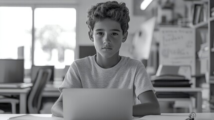 Fototapeta premium Young caucasian male teen using laptop in classroom with focused expression