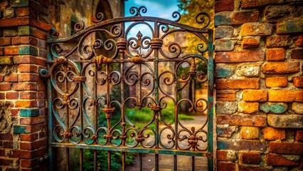 Weathered Iron Gate, Rusty Metal Entrance, Antique Garden Gate, Vintage Architectural Detail, Old Entryway