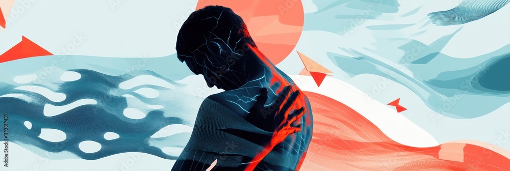 Fototapete person experiencing pain while surrounded by abstract waves and geometric shapes representing strugg