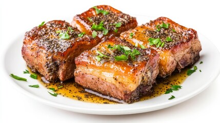 Fried pork belly with truffle oil, luxurious twist on a classic dish, plated elegantly, isolated on white background