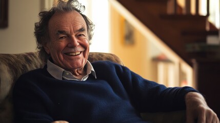 Obraz premium Elderly man sitting in living room smiling in comfortable armchair with warm light