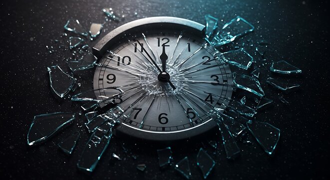 Broken analog clock with shattered glass on a dark background, concept for time, destruction and chaos in business and technology