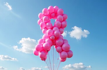 healthcare concept. pink ribbon breast cancer awareness symbol. world breast cancer day. pink ribbon symbol in the shape of pink balloons on blue sky background
