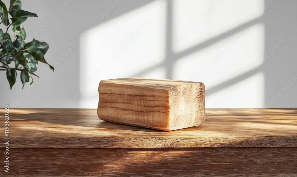 Poster minimalist wooden block on rustic table natural light display