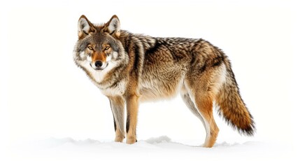Obraz premium Stunning portrait of a gray wolf, highlighting its majestic features against a crisp white backdrop. Natures beauty captured