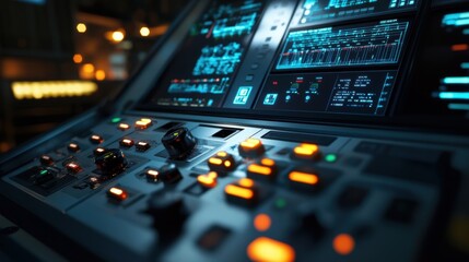 An intimate shot of a control panels illuminated interface with quickaccess buttons for adjusting production lines while screens around provide a backdrop of fluctuating demand data.