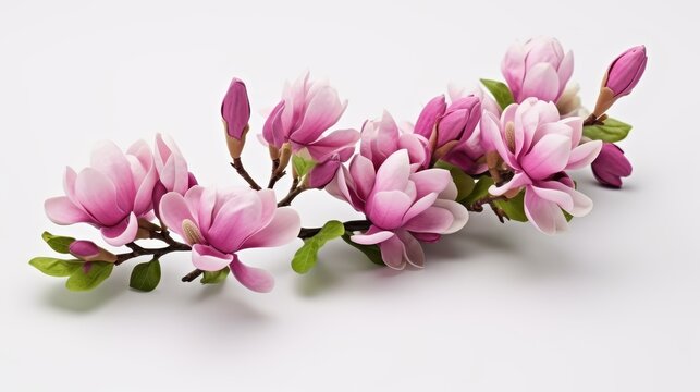 Delicate pink magnolia blooms stand out majestically against a crisp white background, showcasing their beauty.