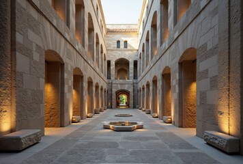 Obraz premium Stone Courtyard with Arched Alcoves and Water Feature