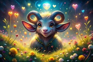 Whimsical Watercolor Creature: Joyful Horned Being Amidst Glowing Hearts