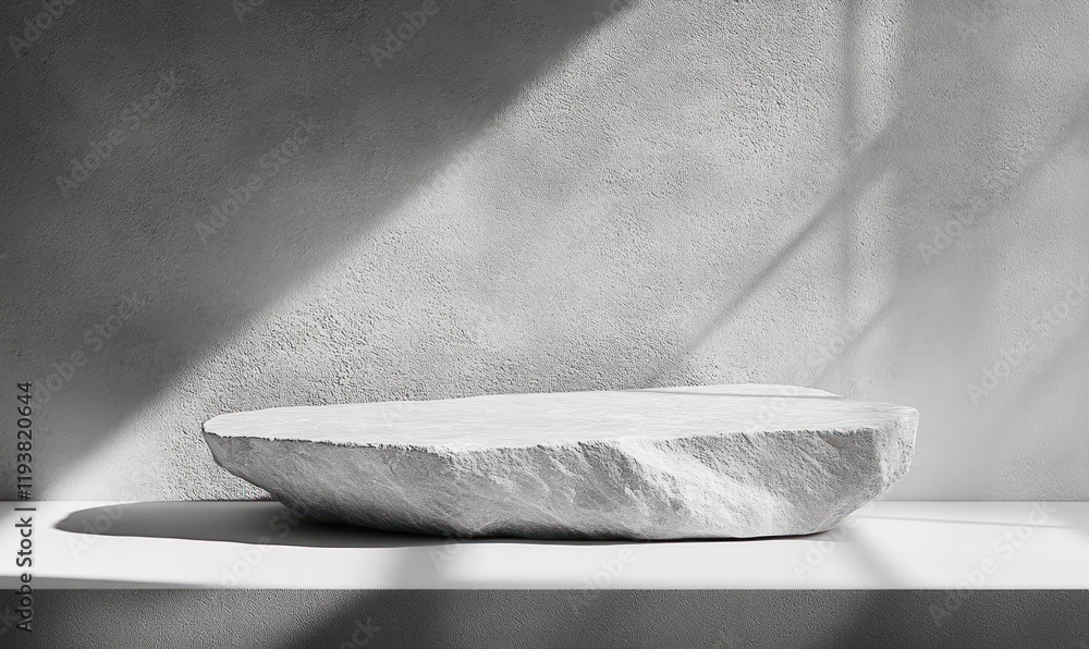 Poster minimalistic stone slab display on white surface with geometric shadows