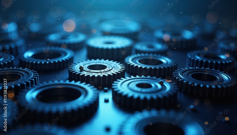 Aufkleber Close-up 3D rendering tech gears. Dark background illuminated by glowing blue light. Abstract design with futuristic, digital aesthetic. Interconnected parts form complex system. Represents tech