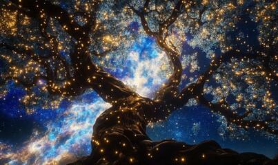 Obraz premium A mystical tree with branches reaching up to a star-filled night sky, symbolizing a connection between earth and cosmos, connection, stars