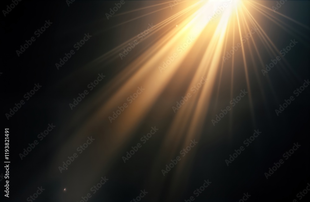 Aufkleber abstract design shows sun rays shining from above on dark background. golden light beams spread acro