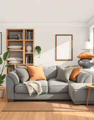 Interior of cozy living room with grey sofa and stacks of pillows, flat papercut style. isolated with white highlights