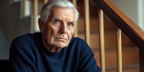 Portrait of a thoughtful elderly man in a blue sweater by a wooden staircase