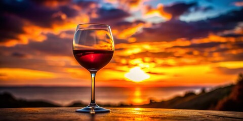 Wine Sunset Silhouette: Elegant Glass of Red Wine at Golden Hour
