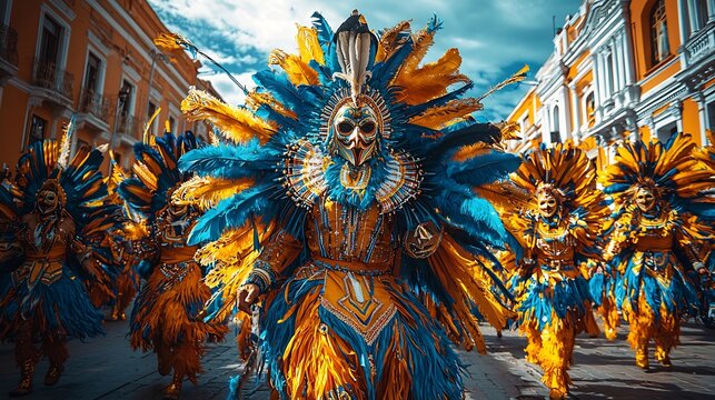vibrant carnival de oruro aymara dancers in elaborate costumes performing diablada with colorful masks feathers catching light in streets 