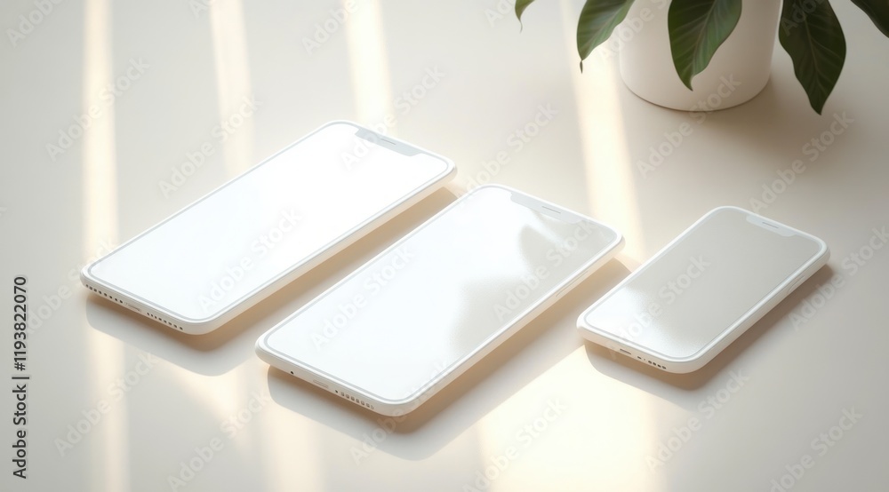 Aufkleber minimalistic white smartphones mockup with floating slides for app interface presentation