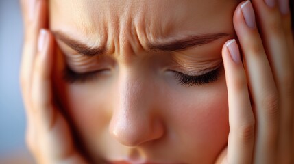 Fototapeta premium Close-up of a caucasian woman experiencing a severe headache, touching her forehead with her hands and closing her eyes in discomfort