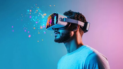 Young hispanic male engaging in virtual reality experience with colorful light effects