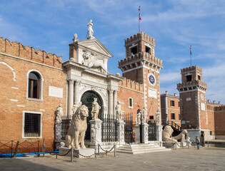 Italy, Venice. The Arsenale, an old Venetian shipyard gateway.