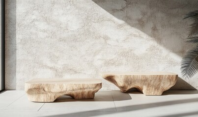 Minimalist Wooden Coffee Table Display Against Textured Concrete Wall with Natural Lighting