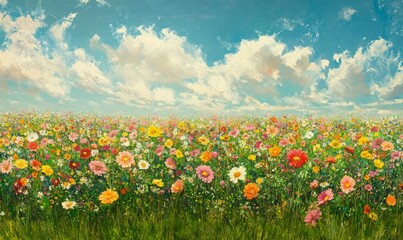 A panoramic view of a vast field of cosmos flowers in full bloom, flower field, tall, bloom, green grass, sunflower
