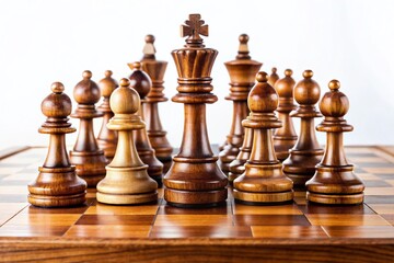 Wooden Chessboard & Pieces: Classic Game Set Isolated on White Background