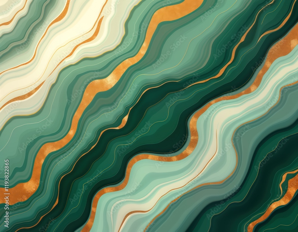 Poster Abstract marble design with flowing green, gold lines. Modern design element suitable for various projects. Sophisticated background with color variations, textures. Emerald green tones mix with gold