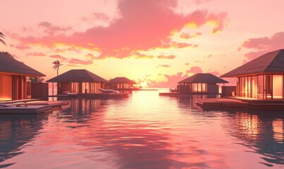 Obraz premium Overwater Villas at Sunset with Pink and Orange Sky