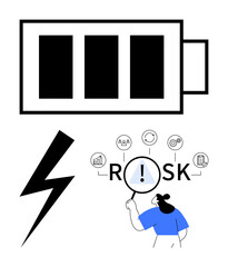 Battery symbol, lightning bolt, magnifying glass over risk, and data icons show energy, danger, and analysis. Ideal for risk assessment, decision-making, sustainability energy data analysis