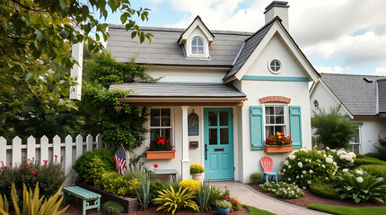 Fototapeta premium Charming Teal Door Cottage House Exterior,Landscaped Garden,Pathway,Beautiful Home,Real Estate