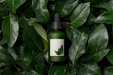 Stylish Green Bottle with Blank Label Amidst Leaves