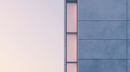 Fototapeta premium Modern architectural design showcasing a minimalist building facade with smooth concrete surfaces and large, vibrant windows reflecting the soft hues of the early evening sky.