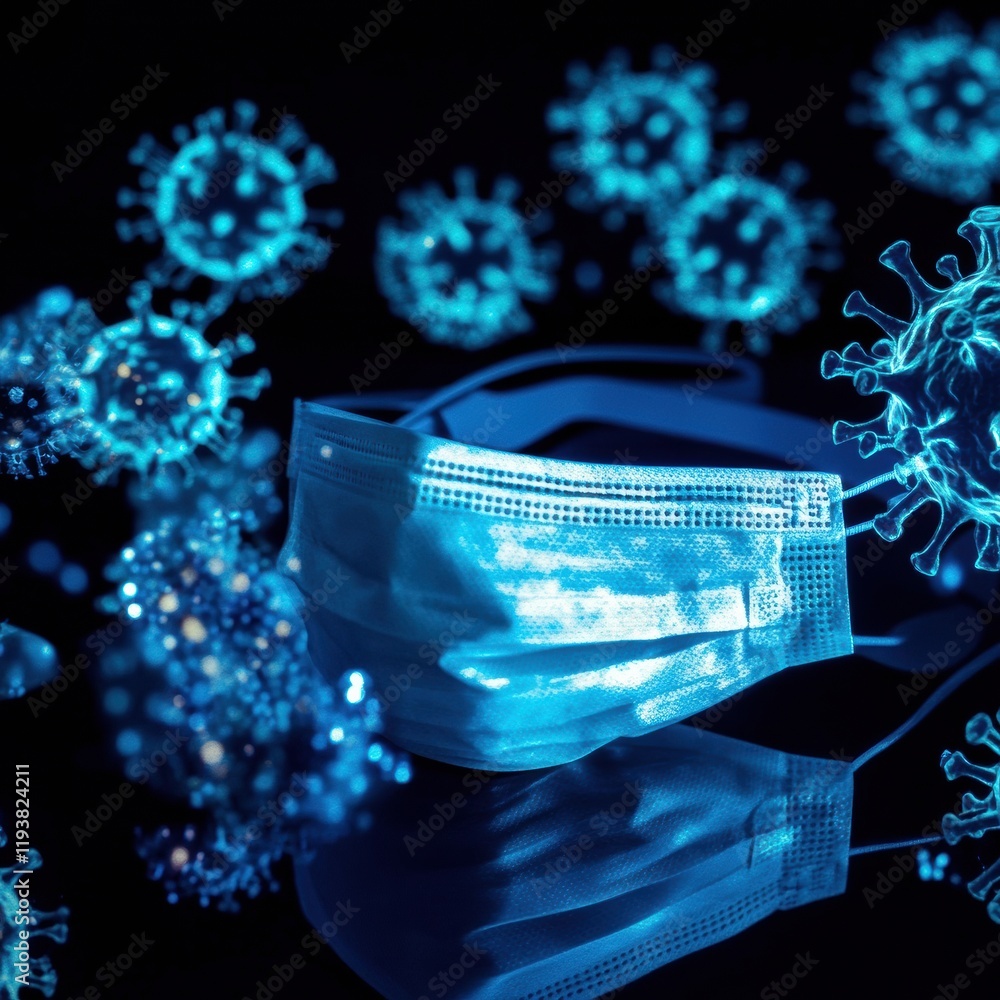Leinwandbilder protective mask and gloves surrounded by fading virus representations in a dark setting. generative 