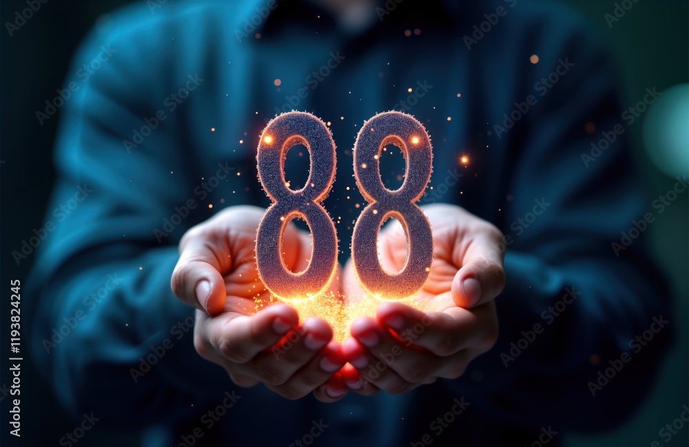 Poster Digital number 88 glows in hands. Sparkles, light around number. Modern tech concept. Futuristic, creative illustration. Person holds glowing number in hands. Abstract representation of data element.