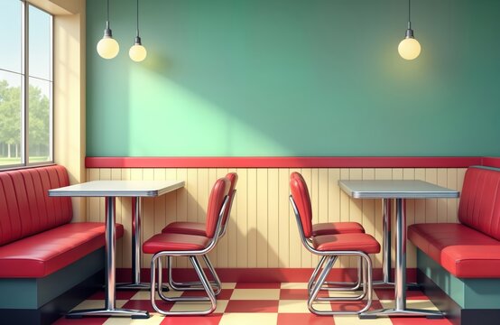 Empty retro diner interior with booths, tables. Vintage design with red booths, chairs. Light from window. Empty spaces suggest cafe eatery in 50s 60s. Classic American diner style. Suitable for - Powered by Adobe