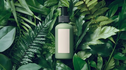 Green Skincare Bottle Surrounded by Fresh Elements