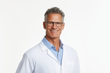 Fototapeta premium A confident and smiling male doctor in a white coat and glasses stands against a clean white background, radiating professionalism and friendliness