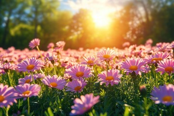 Vibrant Spring Meadow with Colorful Daisies and Wildflowers in Sunny Golden Hour Light