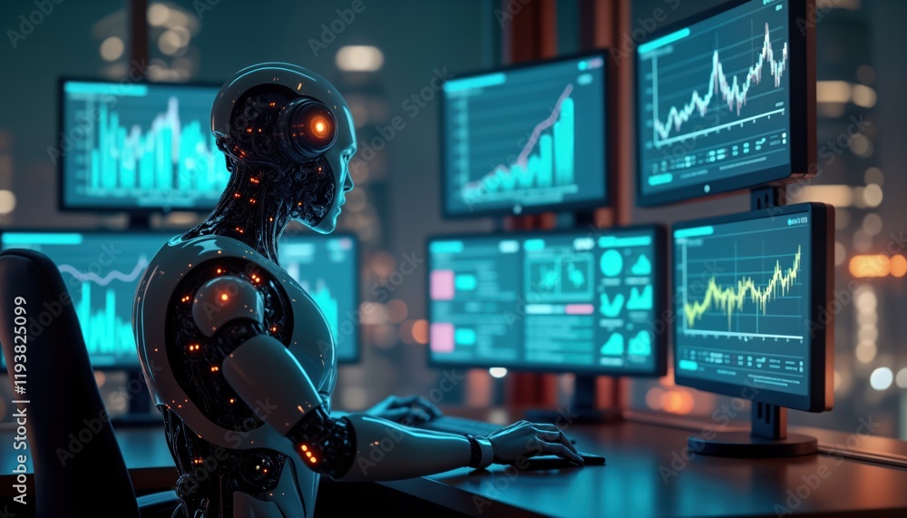 Aufkleber AI robot works on multiple computer screens. Robot analyzes data on graphs, charts. Data analysis done in office environment. Future tech. Automation. Modern workplace. Tech solution. Data