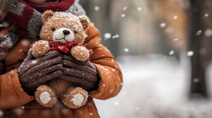 Child Holding a Plush Groundhog in Snowy Park. Concept of Winter Fun, Groundhog Day Celebration, Cozy Childhood. Copy space