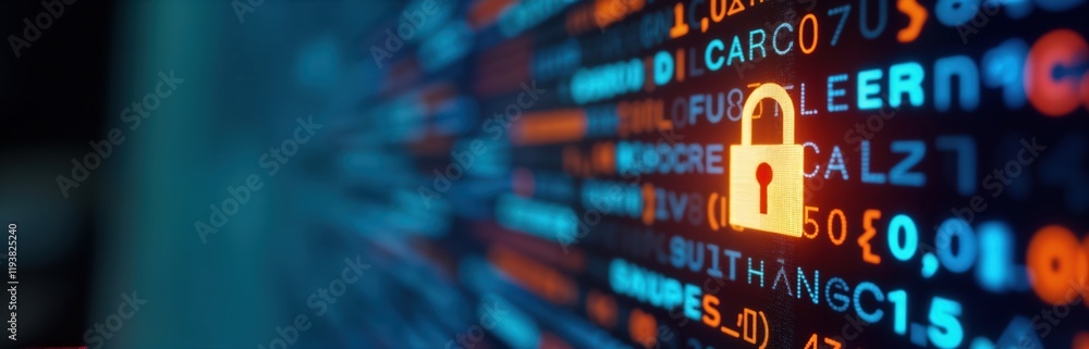 Aufkleber Close-up computer screen shows colorful digital data with highlighted padlock icon. Illustrates cybersecurity concepts like encryption, protection of information. Modern tech concept. Vivid display.