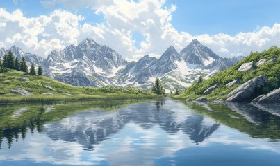 Fototapeta premium Serene Mountain Lake Reflecting Majestic Peaks
