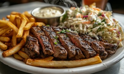 A steaming hot plate filled with a savory mix of grilled steak, golden-brown fries, and cool coleslaw