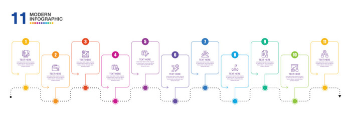 Infographic process design with icons and 11 options or steps.