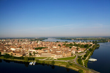 Fototapeta premium Italy, Mantua. Aerial view of the old town surrounded by lakes