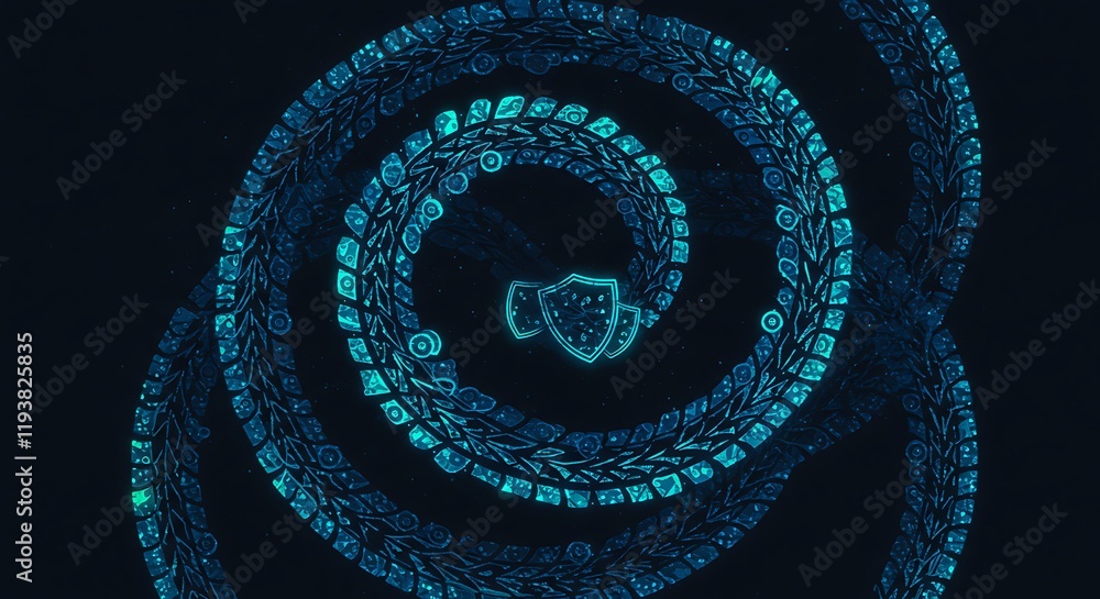 Poster glowing teal circular pattern. dark abstract tire tracks in concentric circles. intricate stylized f