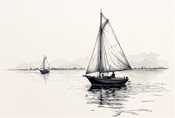Fototapeta premium Two Sailboats on Calm Water with Distant Hills